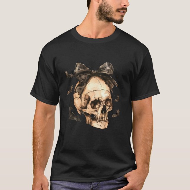 Coquette Bow Witch Spooky Season Skeleton Skull Ha T Shirt (Framsida)