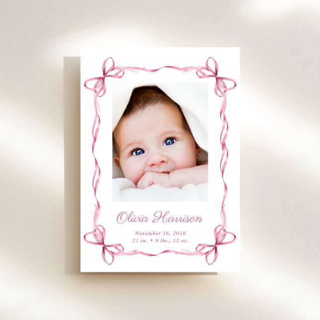 Coquette Bows Flicka Photo Birth Meddelande (A beautiful and unique way to thank family and friends and introduce them to your precious  baby)