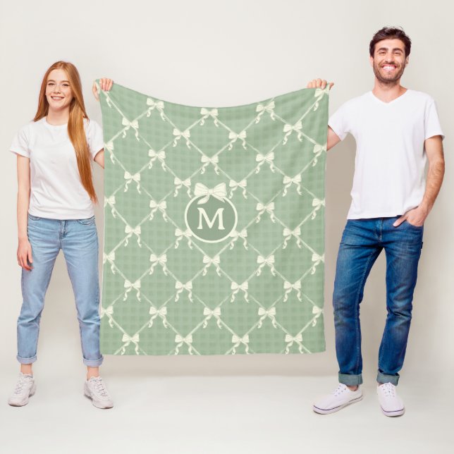 Coquette Bows Gingham Monogram Cream Sage Green  Fleecefilt (På plats)