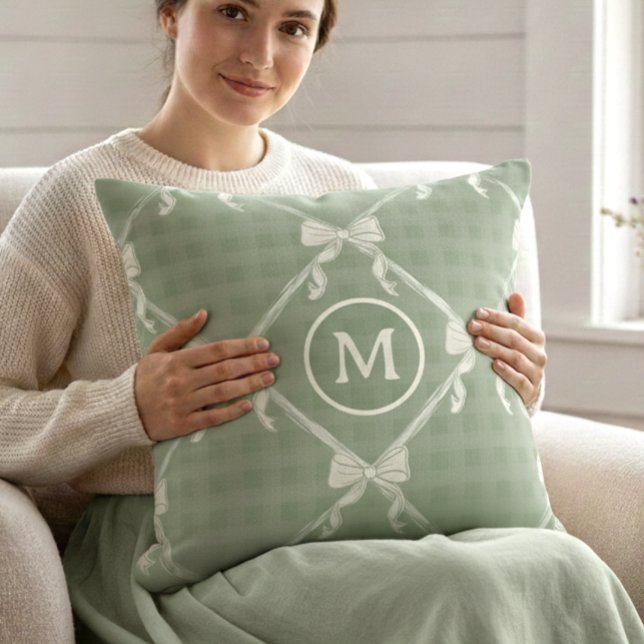 Coquette Bows Gingham Monogram Cream Sage Green  Kudde (Skapare uppladdad)