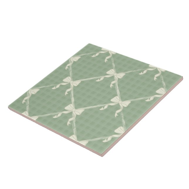 Coquette Bows Gingham Pattern Cream Sage Green  Kakelplatta (Sidan)