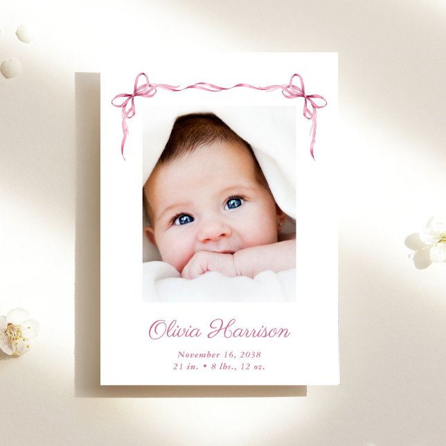 Coquette Bows Photo Collage Flicka Birth Meddelande (A beautiful and unique way to thank family and friends and introduce them to your precious  baby)