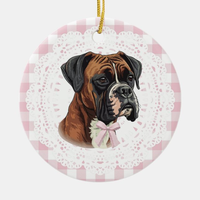 Coquette Boxer Dog Pink Gingham Bows Julgransprydnad Keramik (Framsidan)