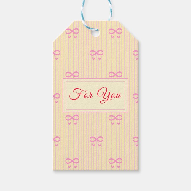 Coquette Bubblegum Pink Bows & Pinstripe "For You" Presentetikett (Framsidan)