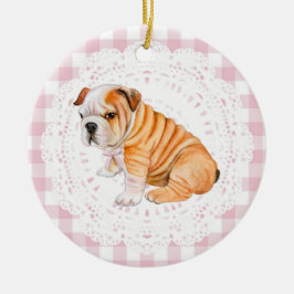 Coquette Bulldog Dog Pink Gingham Bows Julgransprydnad Keramik