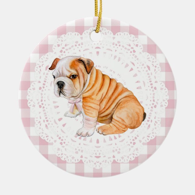 Coquette Bulldog Dog Pink Gingham Bows Julgransprydnad Keramik (Framsidan)