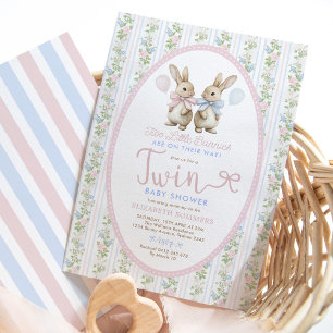 Coquette Bunny Balloon Boy Twin Baby Shower Inbjudningar