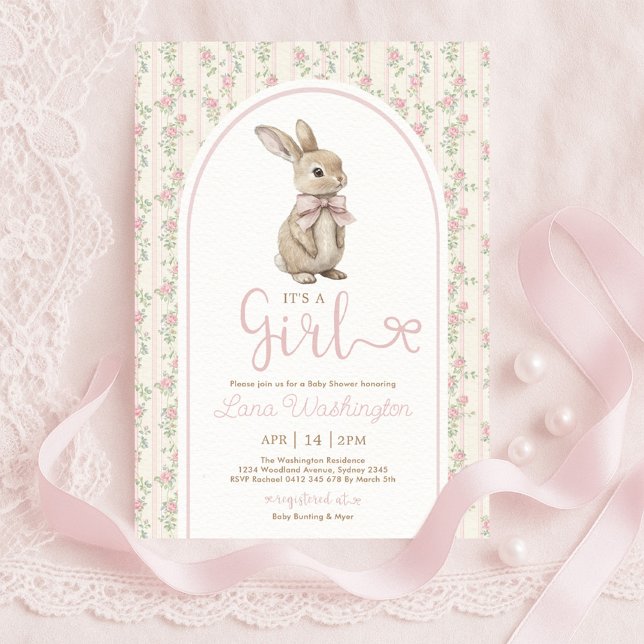 Coquette Bunny Pink Bow Roses Girl Baby Shower Inbjudningar (Skapare uppladdad)