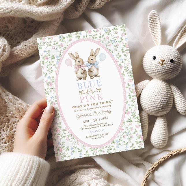 Coquette Bunny Rabbit Blue eller Rosa Gender Revea Inbjudningar (Skapare uppladdad)