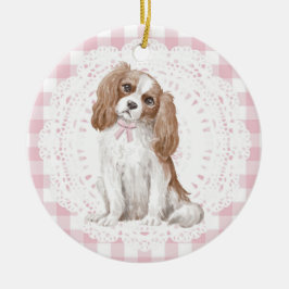 Coquette Cavalier King Charles Pink Gingham Bows Julgransprydnad Keramik