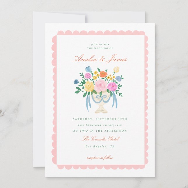 Coquette Charm Handmålad Blommig Bröllopsinbjudan Inbjudningar (Framsida)