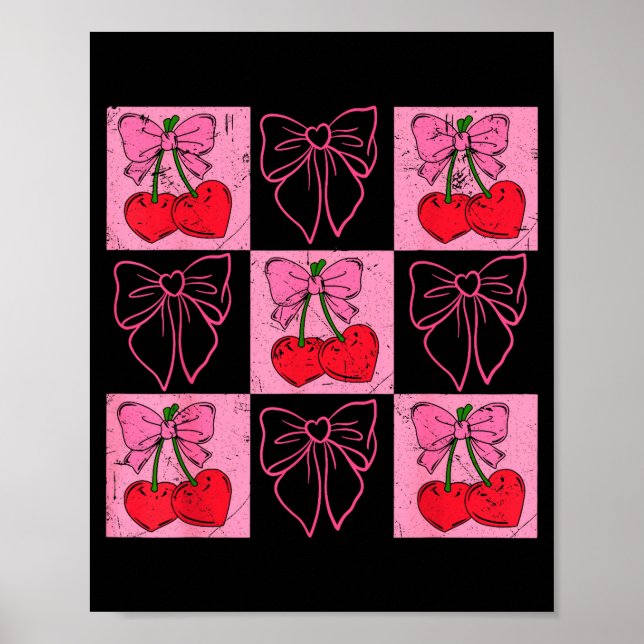 Coquette Checkred Pink Bow And Red Cherries Valent Poster (Framsidan)