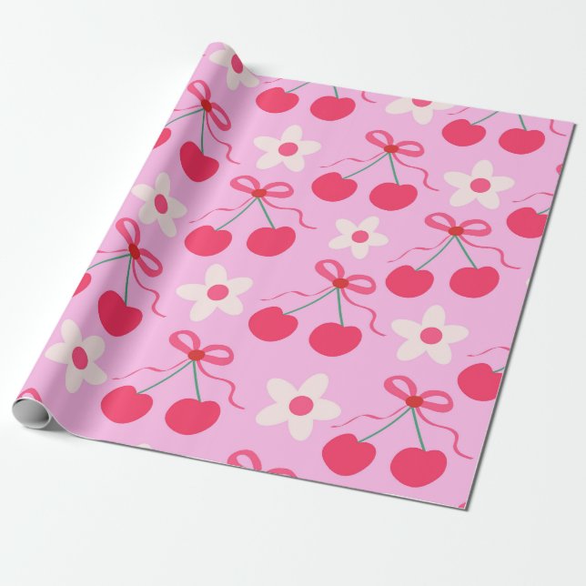 Coquette Cherries med Red Bows and White Flowers Presentpapper (Utrullad)