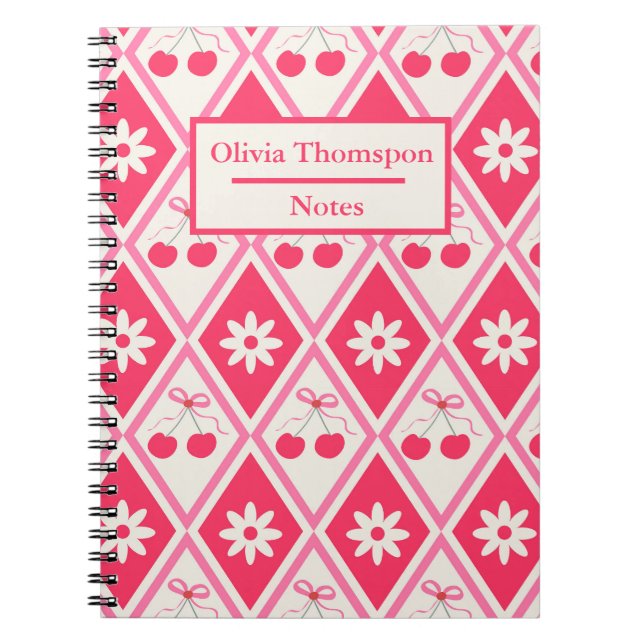 Coquette Cherries with bows on red diamonds custom Anteckningsbok (Framsidan)