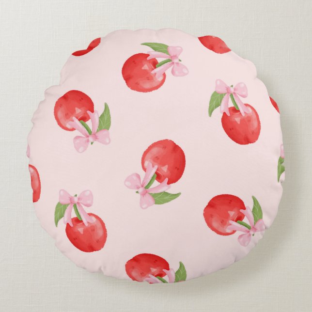 Coquette Cherry and Bow Round Pillow Rund Kudde (Framsidan)