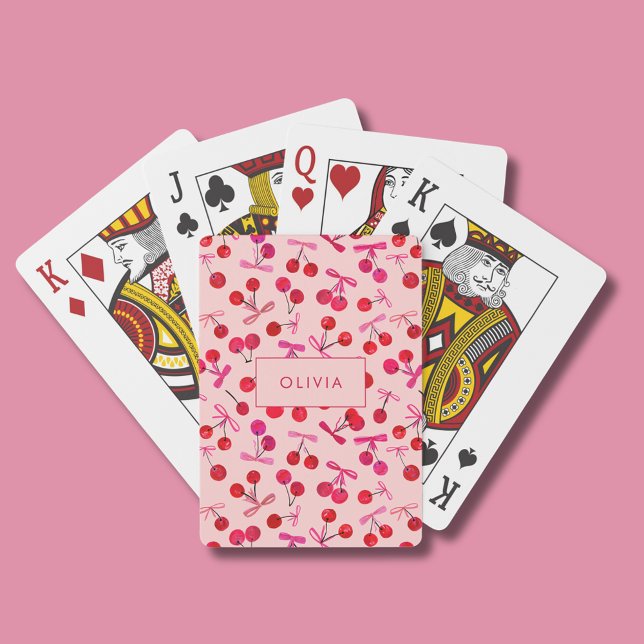 Coquette Cherry & Bow Casinokort (Coquette cherry and bow girly pattern playing cards. Personalize with your own name or initials.)