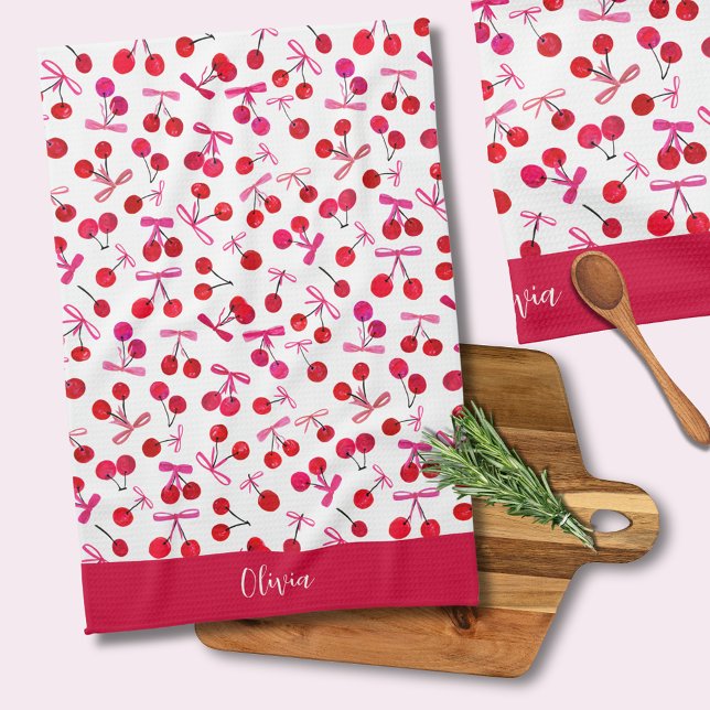 Coquette Cherry & bow mönster Kökshandduk (Coquette cherry and bow girly pattern kitchen towel. Personalize with your own name or initials.)