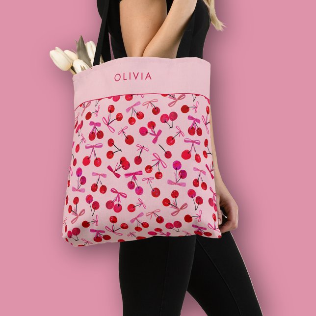 Coquette Cherry & Bow Tygkasse (Coquette cherry and bow girly pattern tote bag. Personalize with your own name or initials.)