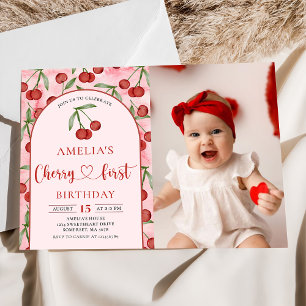 Coquette Cherry First Birthday Red Cherry Birthday Inbjudningar