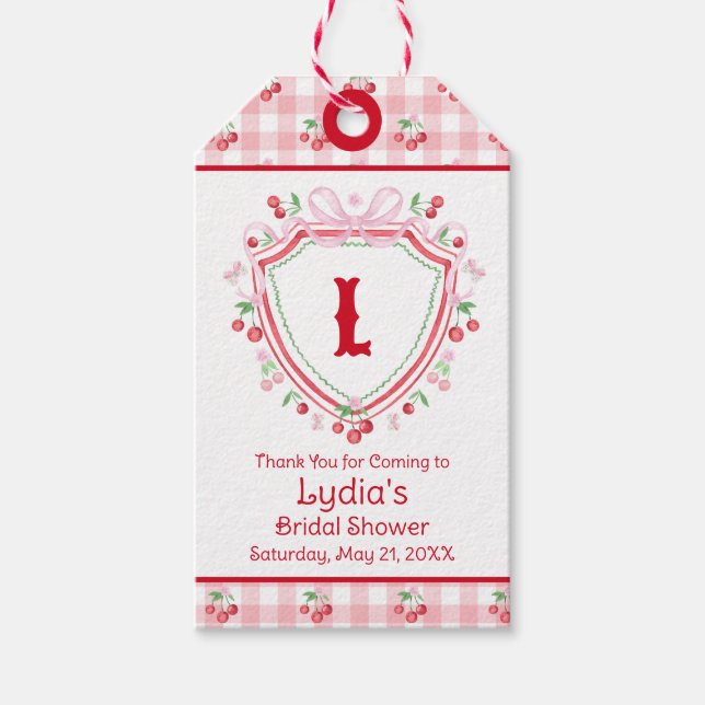 Coquette Cherry Monogam Bröllopsfest Presentetikett (Framsidan)