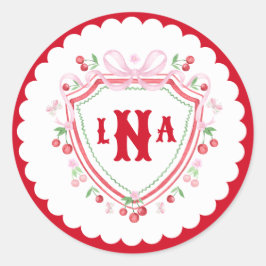 Coquette Cherry Monogram Crest Bröllopsfest Runt Klistermärke