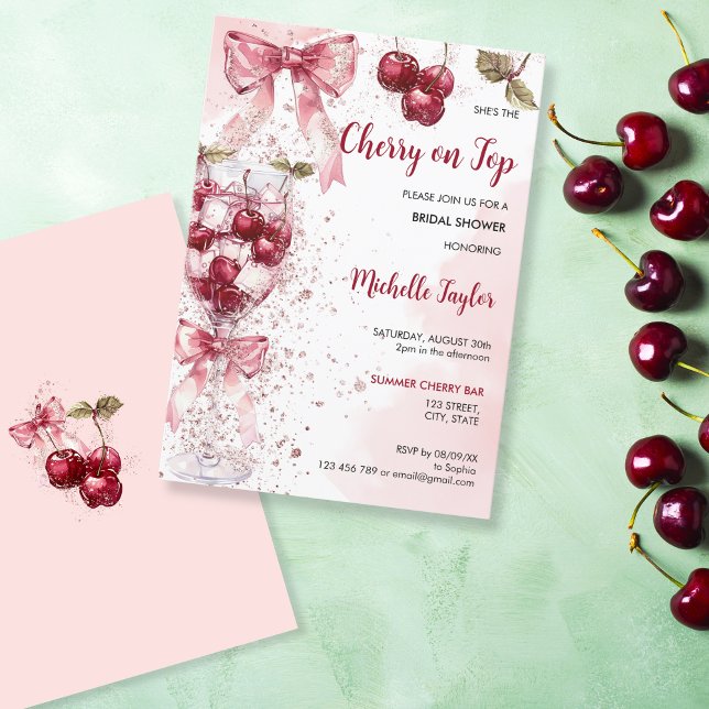 Coquette Cherry på Top Bow Cocktail-Möhippan Inbjudningar (blush pink watercolor cherry cocktail with a bow)