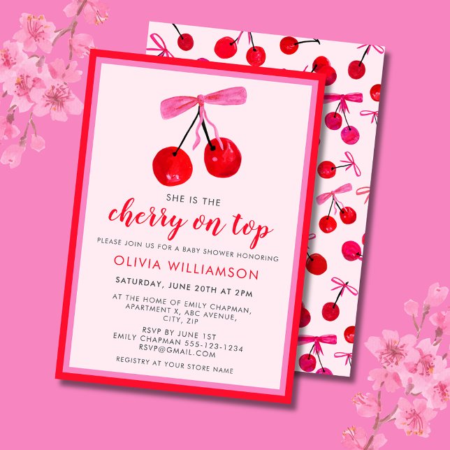 Coquette Cherry på Top Girls Baby Shower Inbjudningar (Cherry on Top Baby Shower invitation with coquette cherries and pink ribbon bow)