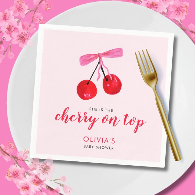 Coquette Cherry på Top Girls Baby Shower Pappersservett (Cherry on Top Baby Shower paper napkin with coquette cherries and pink ribbon bow)