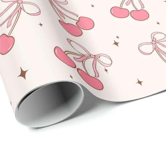 Coquette Cherry Pink Bow Girly Wrapping Paper Roll Presentpapper (Rullad Hörn)