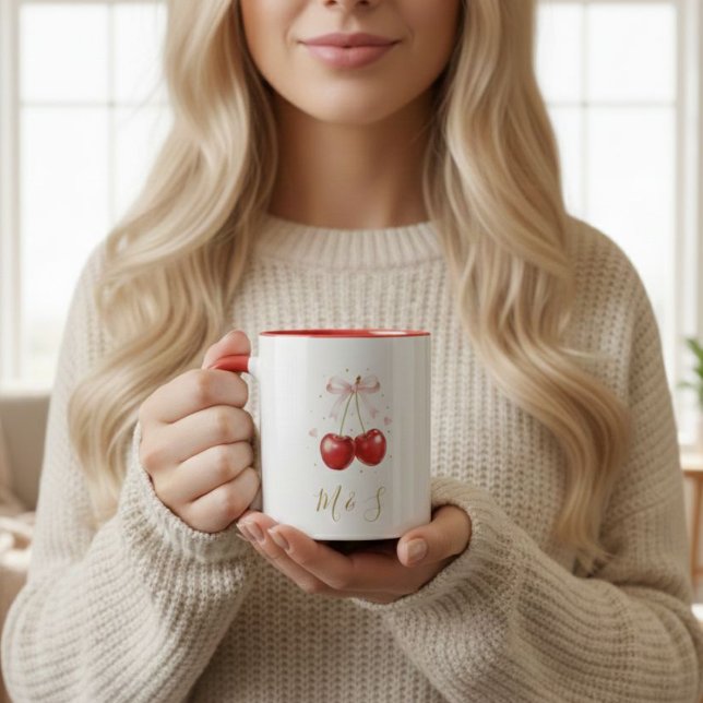 Coquette Cherry Pink Bow Mug Personalized Initials Mugg (Skapare uppladdad)