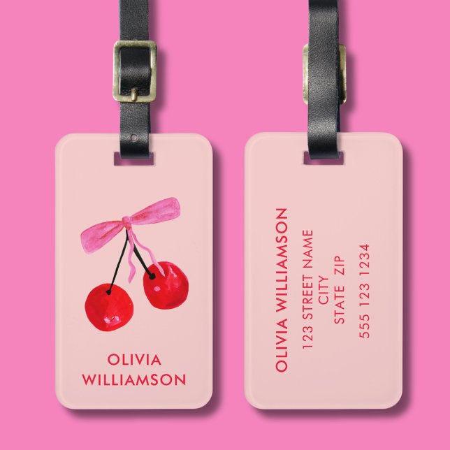Coquette Cherry & Rosa Bow Bagagebricka (Cherry & pink bow coquette aesthetic personalized luggage tag)