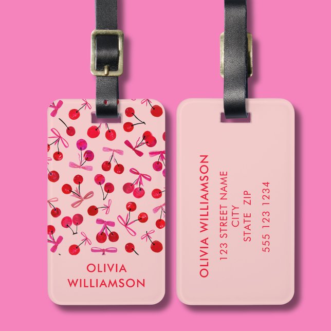 Coquette Cherry & Rosa Bow mönster Bagagebricka (Cherry & pink bow  pattern coquette aesthetic personalized luggage tag)