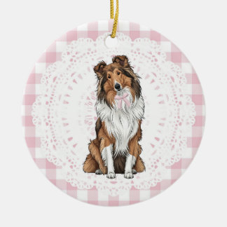 Coquette Collie Dog Pink Gingham Bows Julgransprydnad Keramik