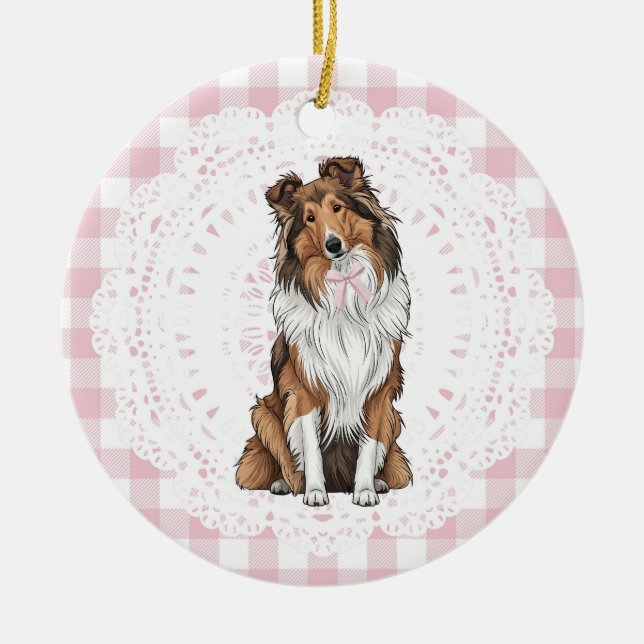 Coquette Collie Dog Pink Gingham Bows Julgransprydnad Keramik (Framsidan)