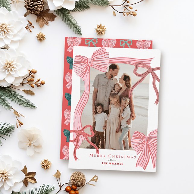 Coquette-Core Red & Rosa Bows Photo-jul Julkort (Skapare uppladdad)