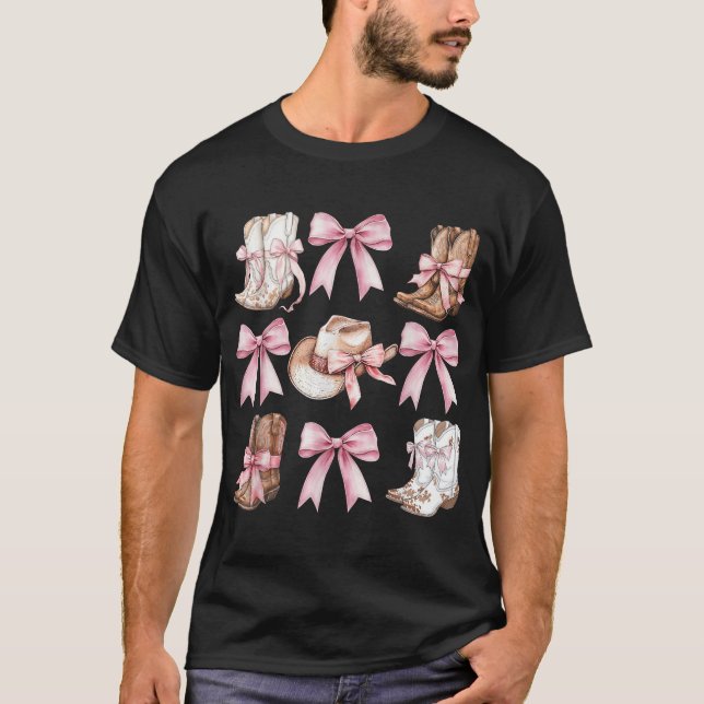 Coquette Cowgirl Boots with Rosa Bows Aesthetic T Shirt (Framsida)