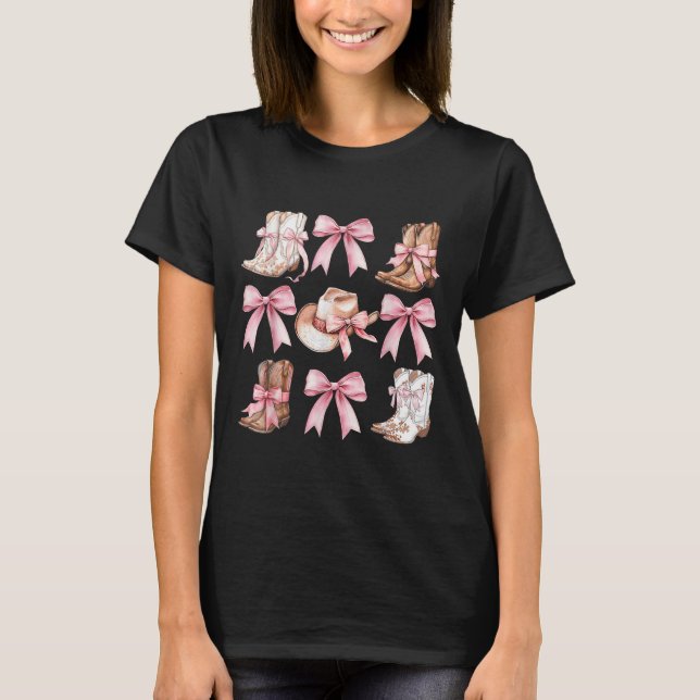 Coquette Cowgirl Boots with Rosa Bows Aesthetic Y2 T Shirt (Framsida)