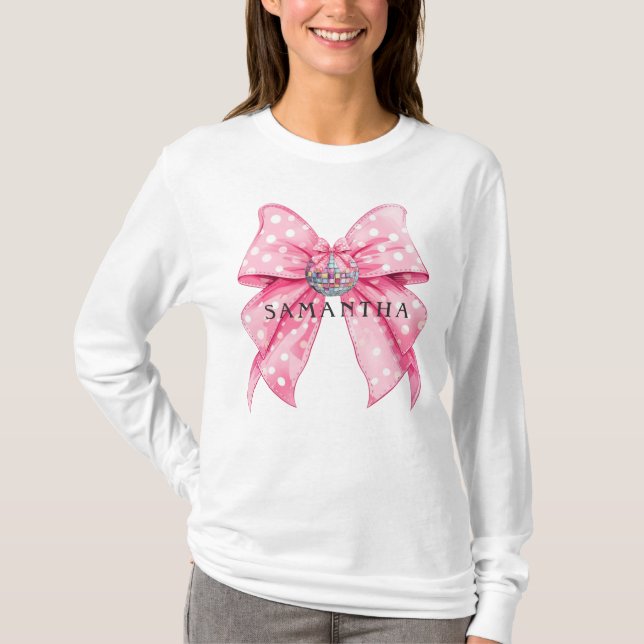 Coquette Cute Girly Feminine Disco Boll Rosa Bow T Shirt (Framsida)