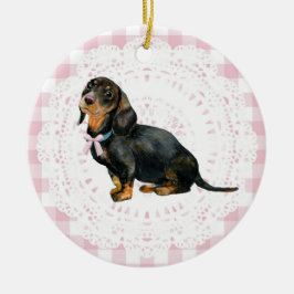 Coquette Dachshund Hund Rosa Gingham Slingor Julgransprydnad Keramik