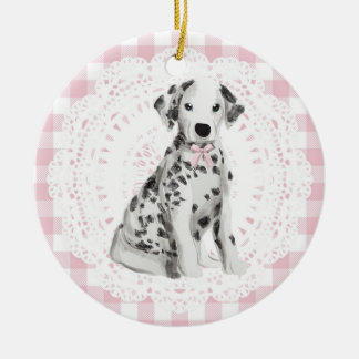 Coquette Dalmation Dog Pink Gingham Bows Julgransprydnad Keramik