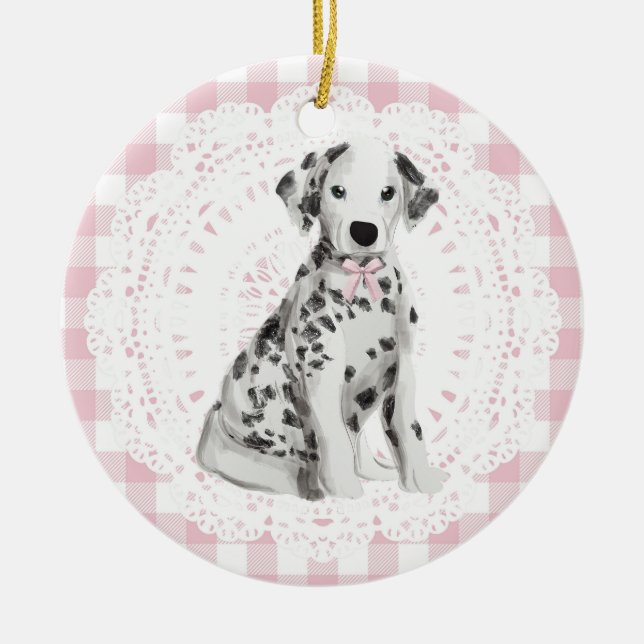 Coquette Dalmation Dog Pink Gingham Bows Julgransprydnad Keramik (Framsidan)