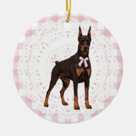 Coquette Doberman Pinscher Rosa Ginghamslingor Julgransprydnad Keramik