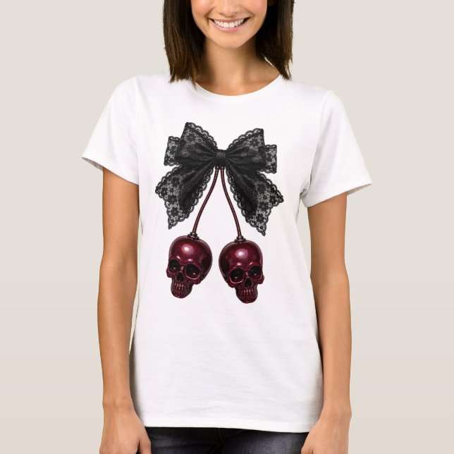Coquette Dödskallebåge Gotisk Körsbär T Shirt (Framsida)