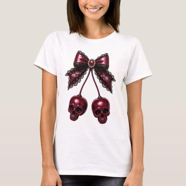 Coquette Dödskallebåge Gotisk Körsbär T Shirt (Framsida)