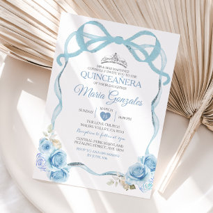 Coquette Dusty Blue Quinceañera Silver Krona Inbjudningar