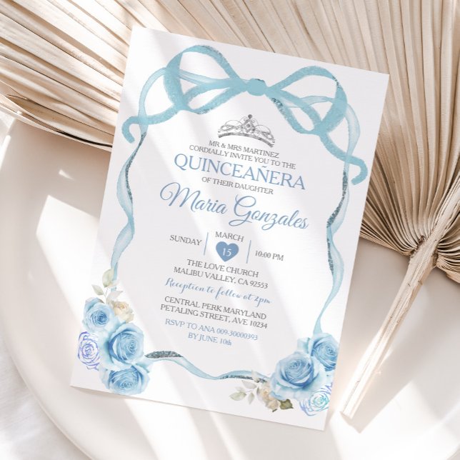 Coquette Dusty Blue Quinceañera Silver Krona Inbjudningar (Skapare uppladdad)
