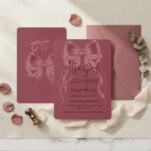 Coquette Dusty Rose Watercolor Bow Baby Shower Inv Inbjudningar (Skapare uppladdad)