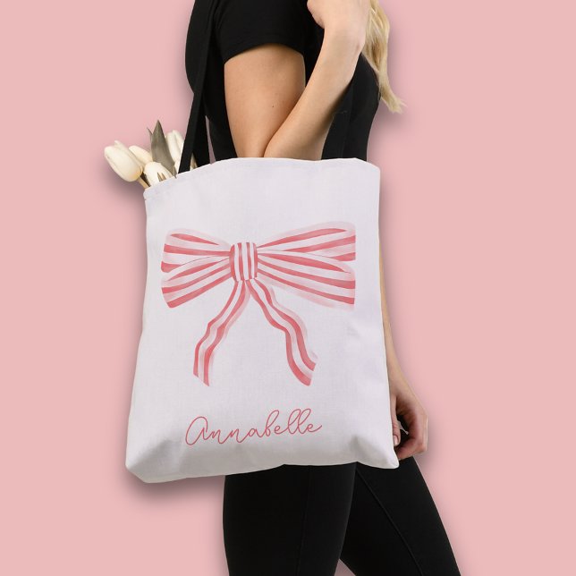 Coquette estetisk rosafärgad rosett & förnamn tygkasse (Coquette Pink bow tote bag, personalize with your own name or choice of text.)