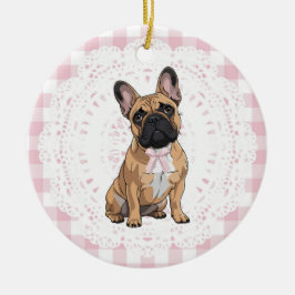 Coquette fransk bulldog hund konst rosa gingham sl julgransprydnad keramik