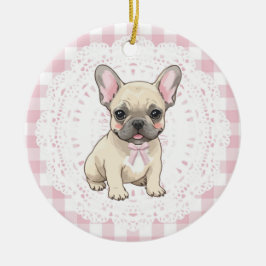 Coquette French Bulldog Dog Art Pink Gingham Bows Julgransprydnad Keramik